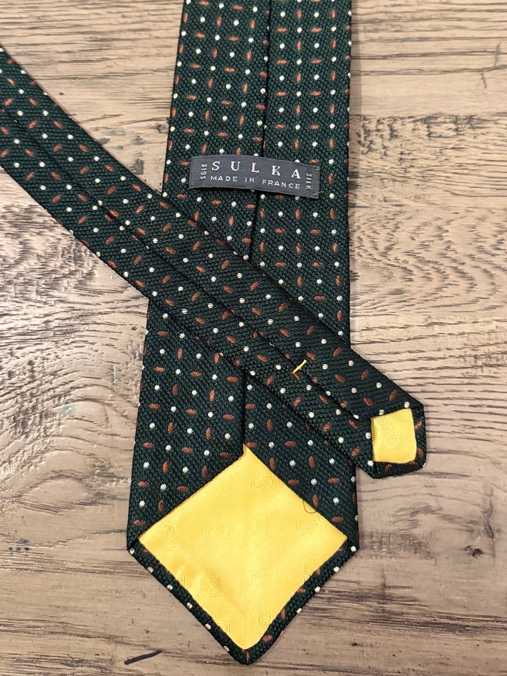 Sulka Men's Dark Green Polka Dot Silk Tie with Yellow Tip